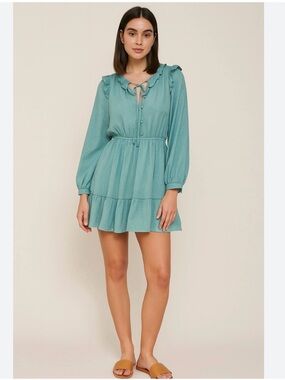LC Lauren Conrad Teal Ruffled Tie-Neck Mini Dress -Petite Small